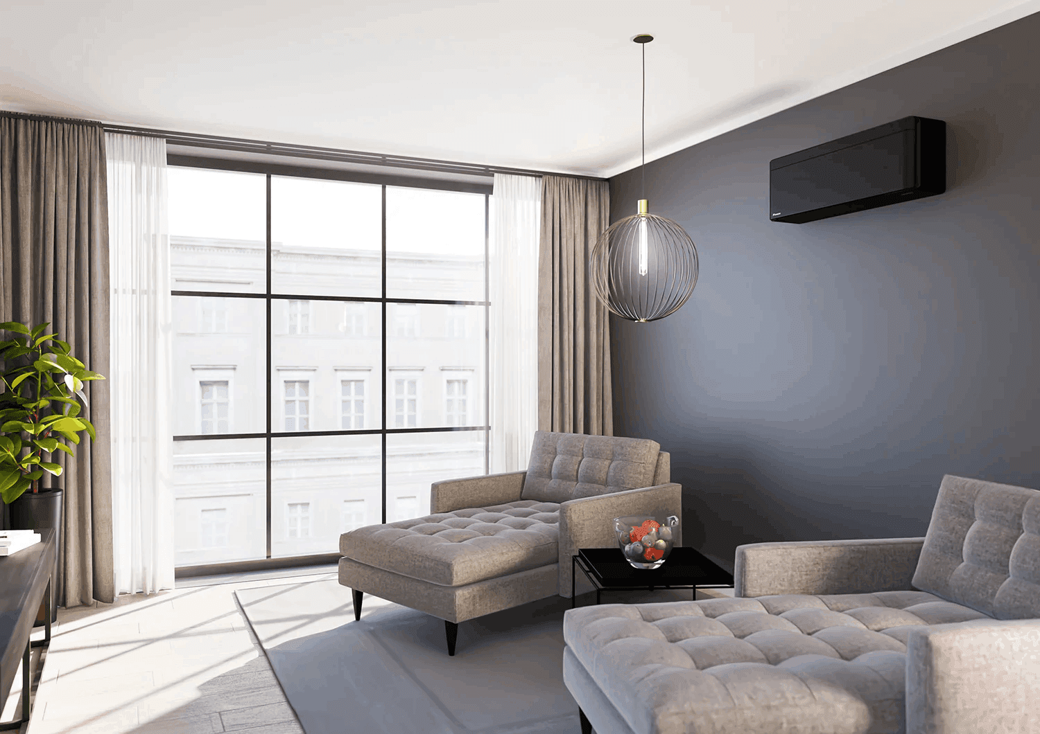 Sleek wall-mounted air conditioning unit in a modern living room