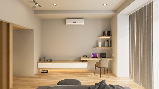 Luxury apartment interior with newly installed air conditioning unit