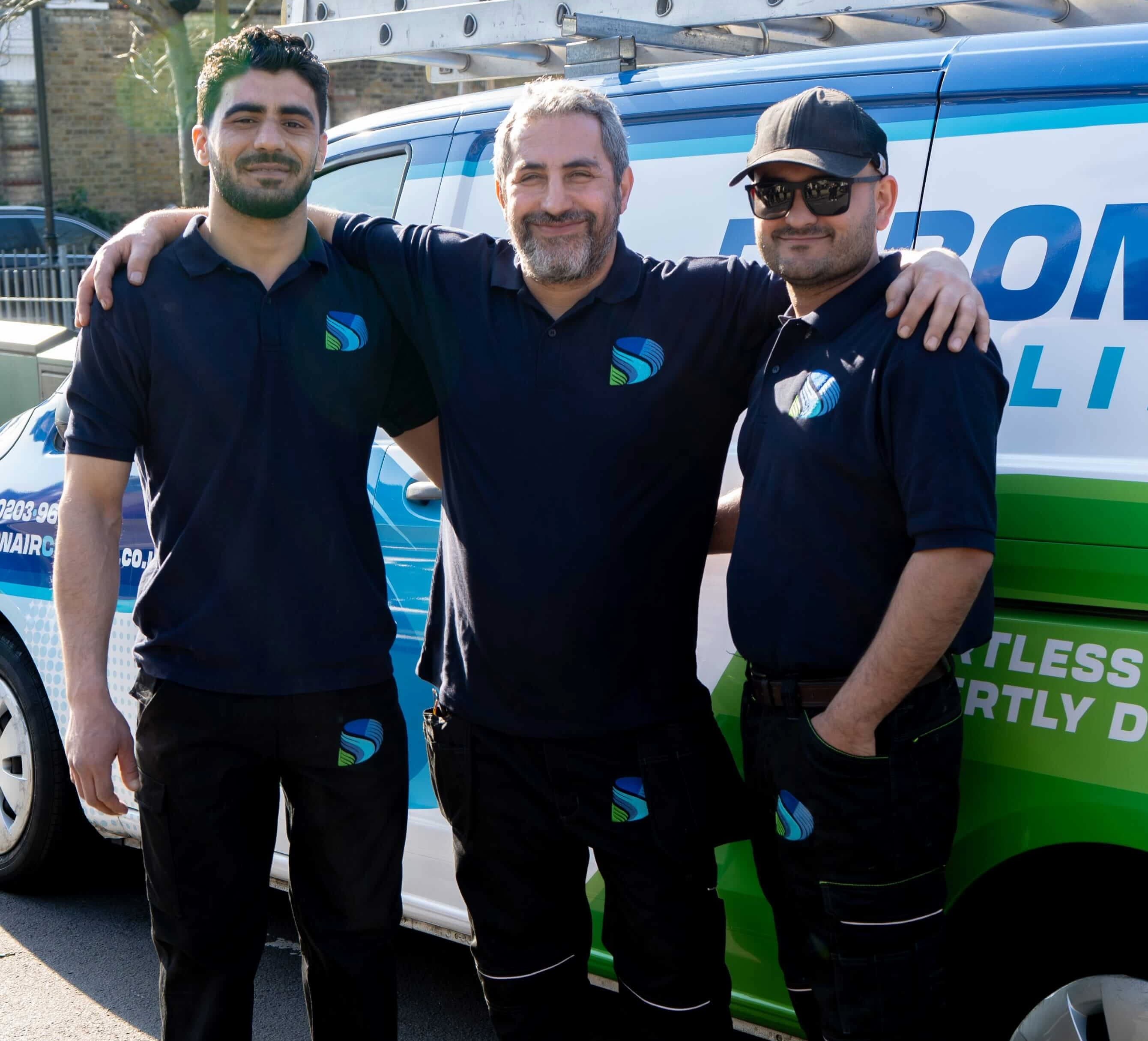 Aria Toupchiani, Debonair Cooling founder, with team members in front of branded van